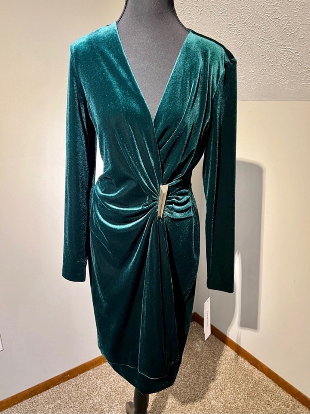 Calvin Klein Dark Green Velvet Twist-Front Long Sleeve Dress